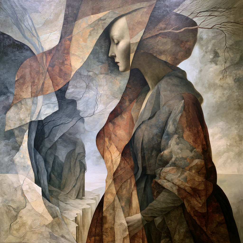Surreal woman merging with dreamlike subconscious landscape