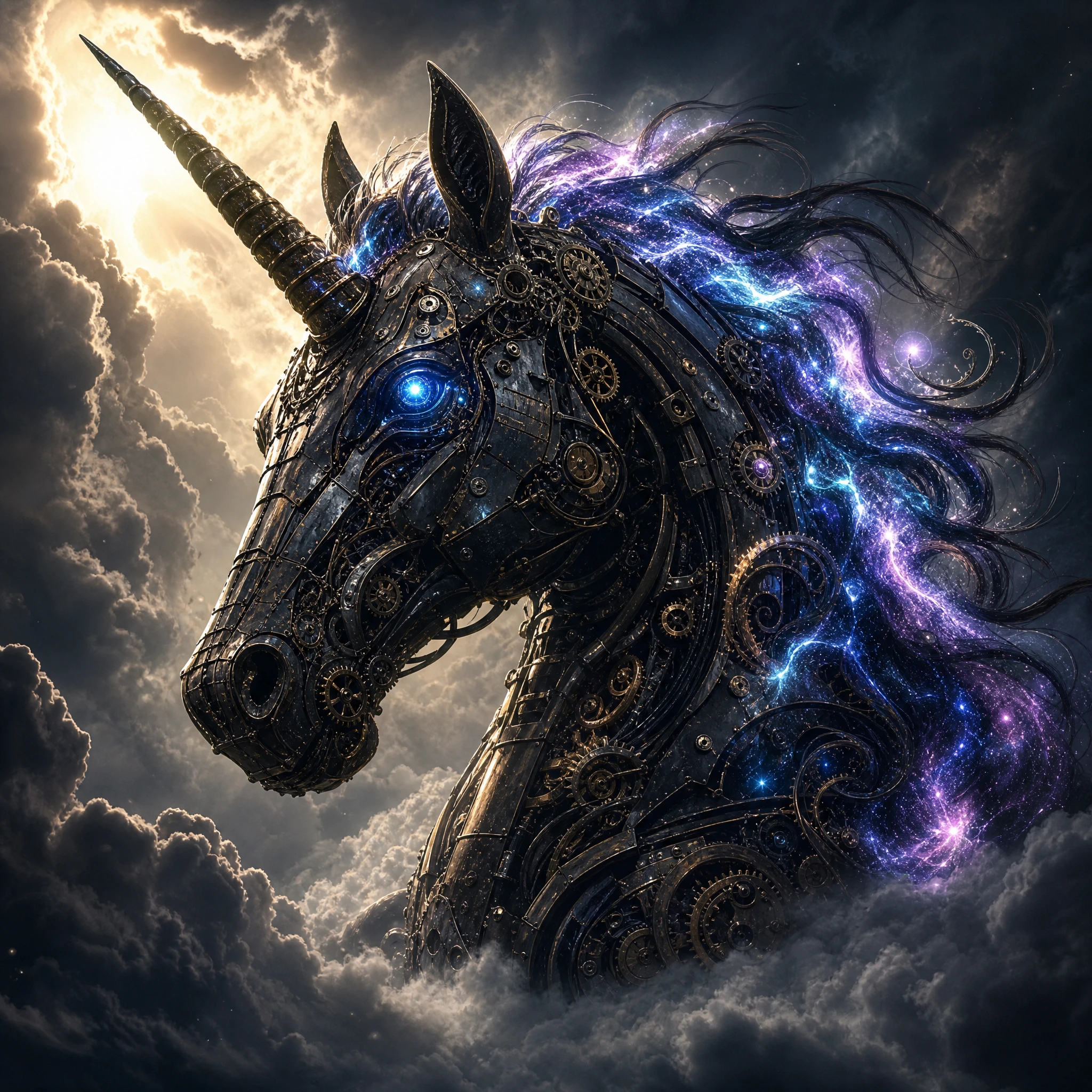 Unicornio mecánico que emerge de nubes de tormenta bajo una luz dramática