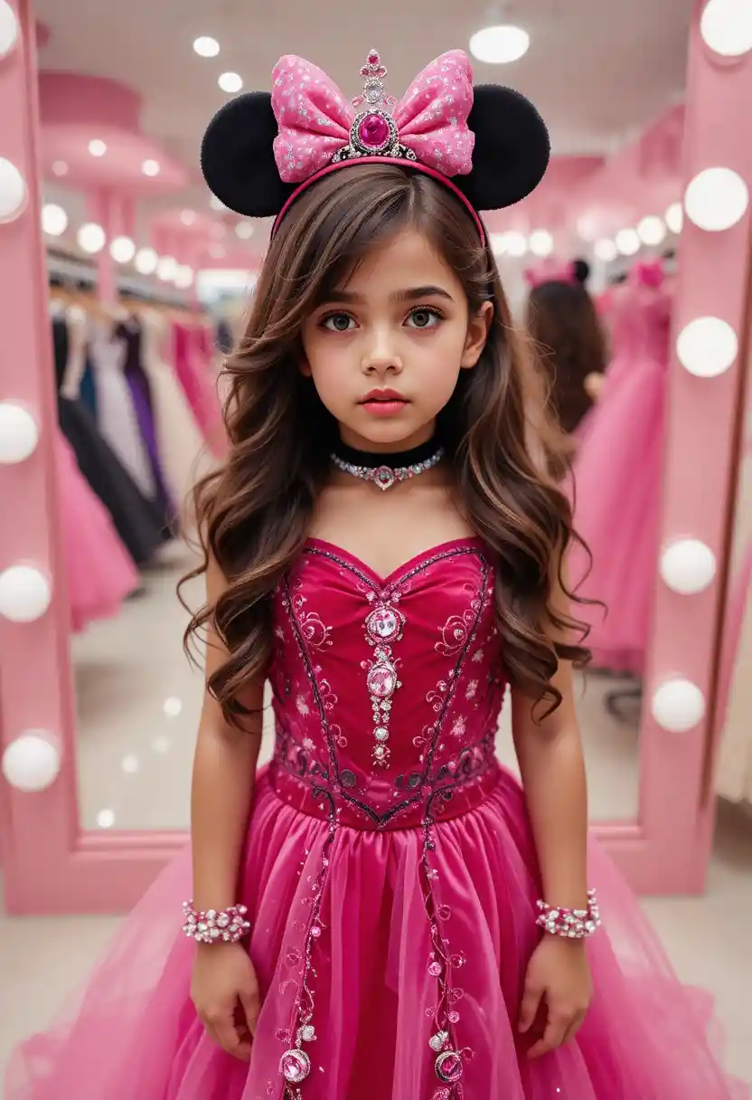 Hispanic boy in pink minnie dress in dress shop