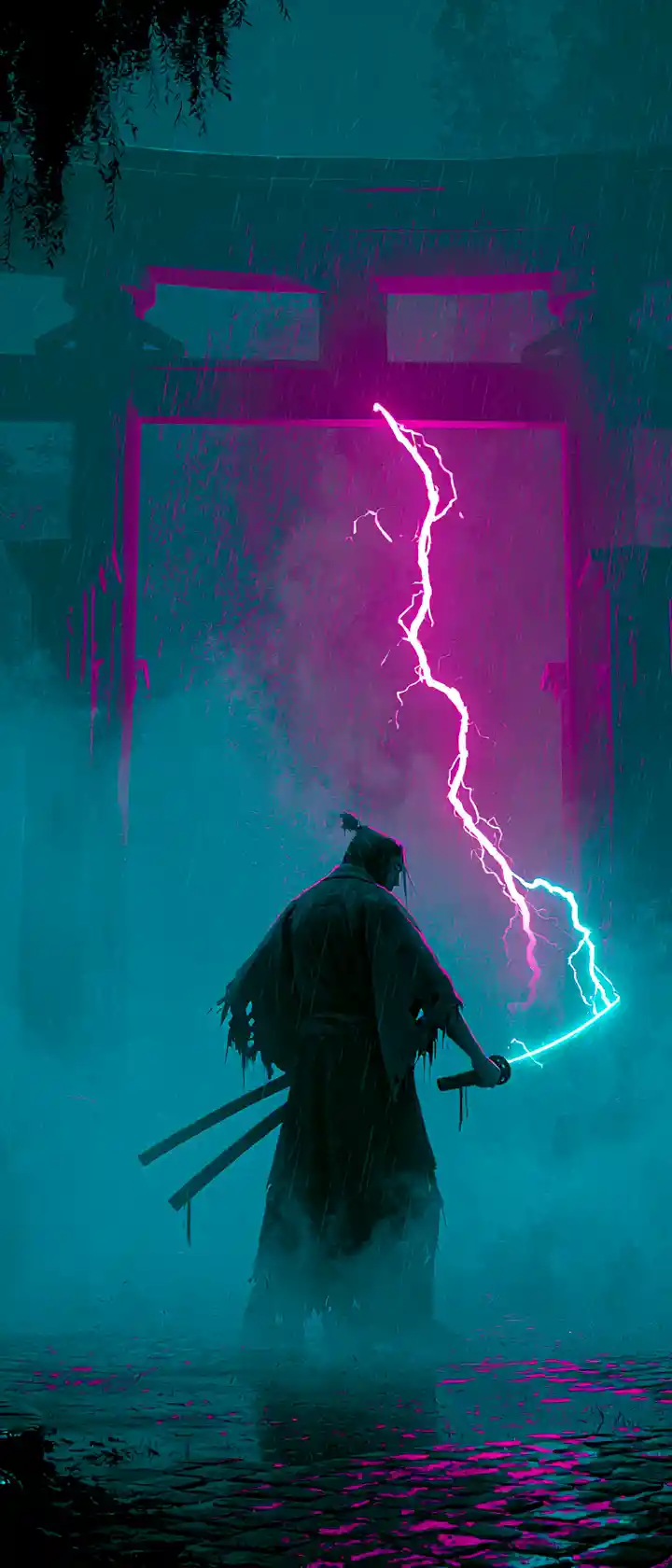 Lone anime ronin under a neon torii in the rain