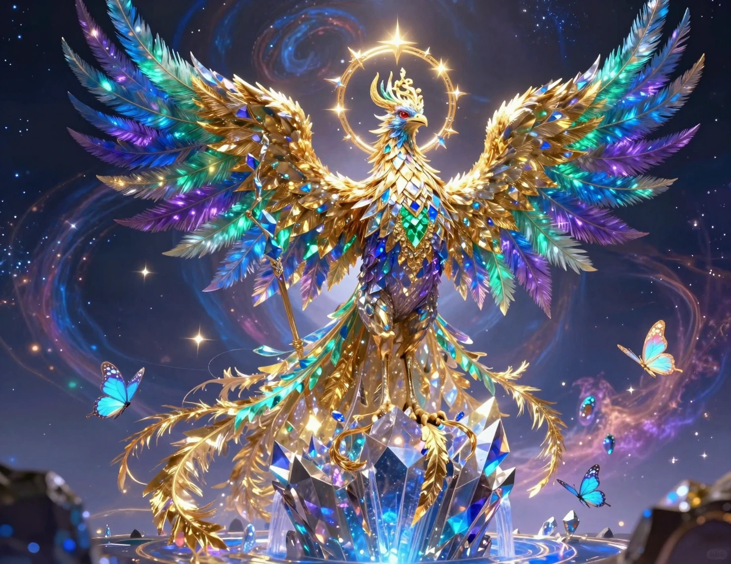 Monarca Fênix Celestial Sobre Cataratas Cósmicas