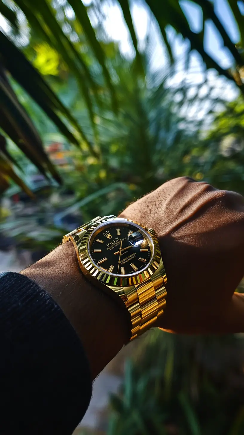 Eighteen karat gold watch shining in tropical heat