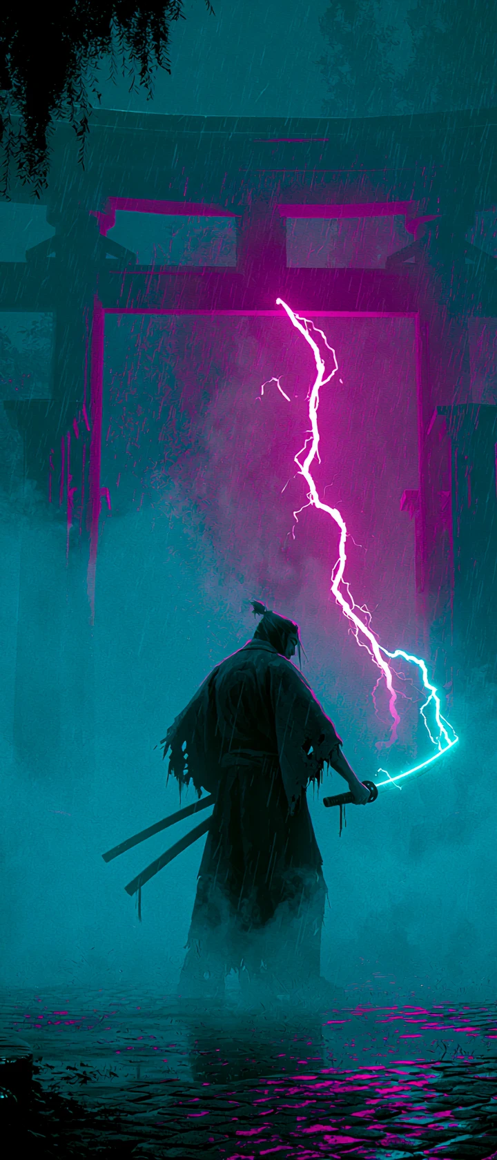 Ronin de anime solitário sob um torii de néon na chuva