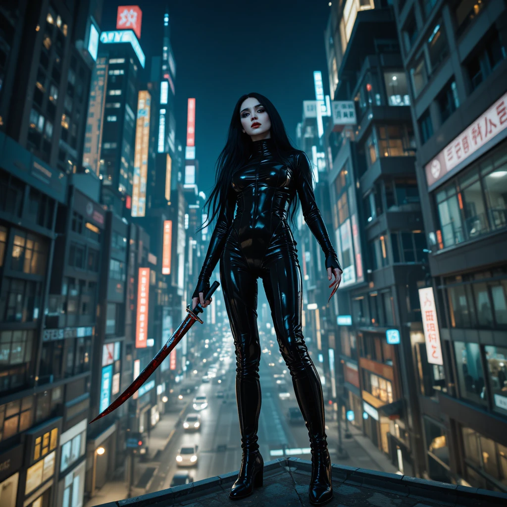 Mulher gótica com adaga em um terraço de cidade futurista à noite