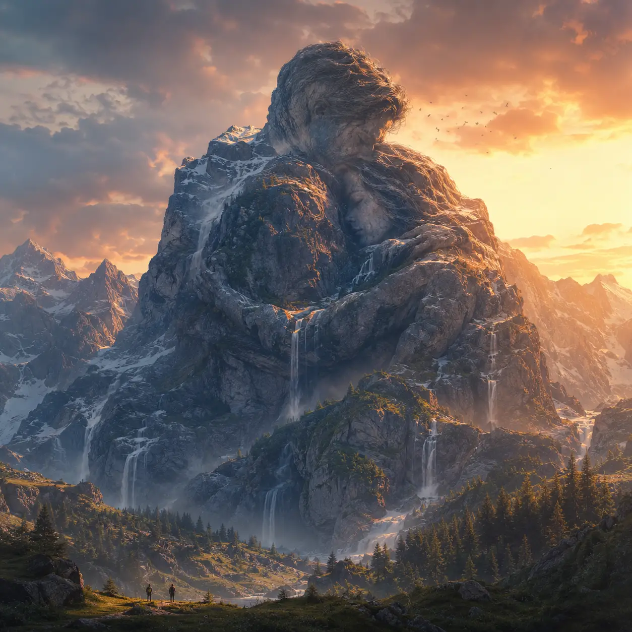 在夕陽下形成細膩人形擁抱的山景