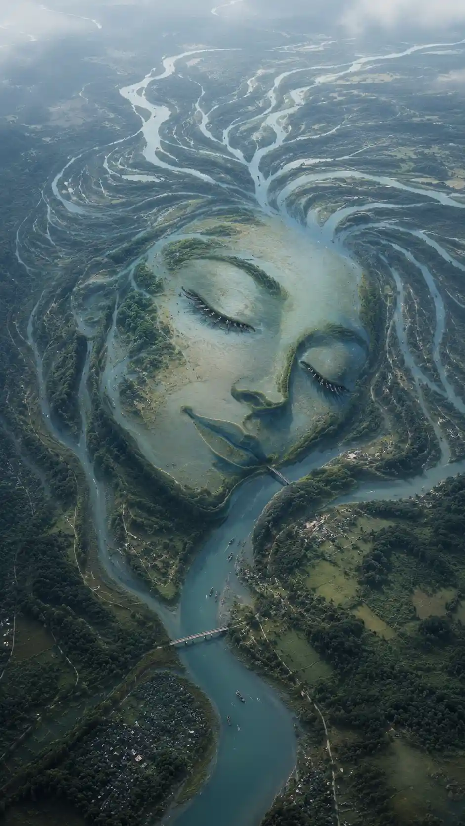 Aerial view of a winding river forming a human face