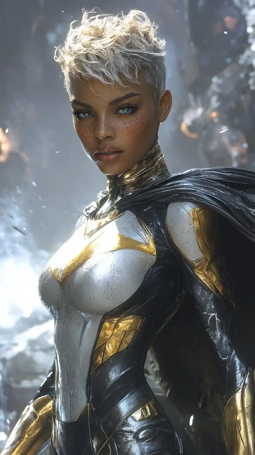 Blond female superhero flying over ruined futuristic city
