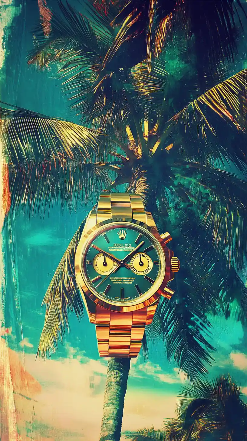 Gold wristwatch displayed in a lush tropical setting