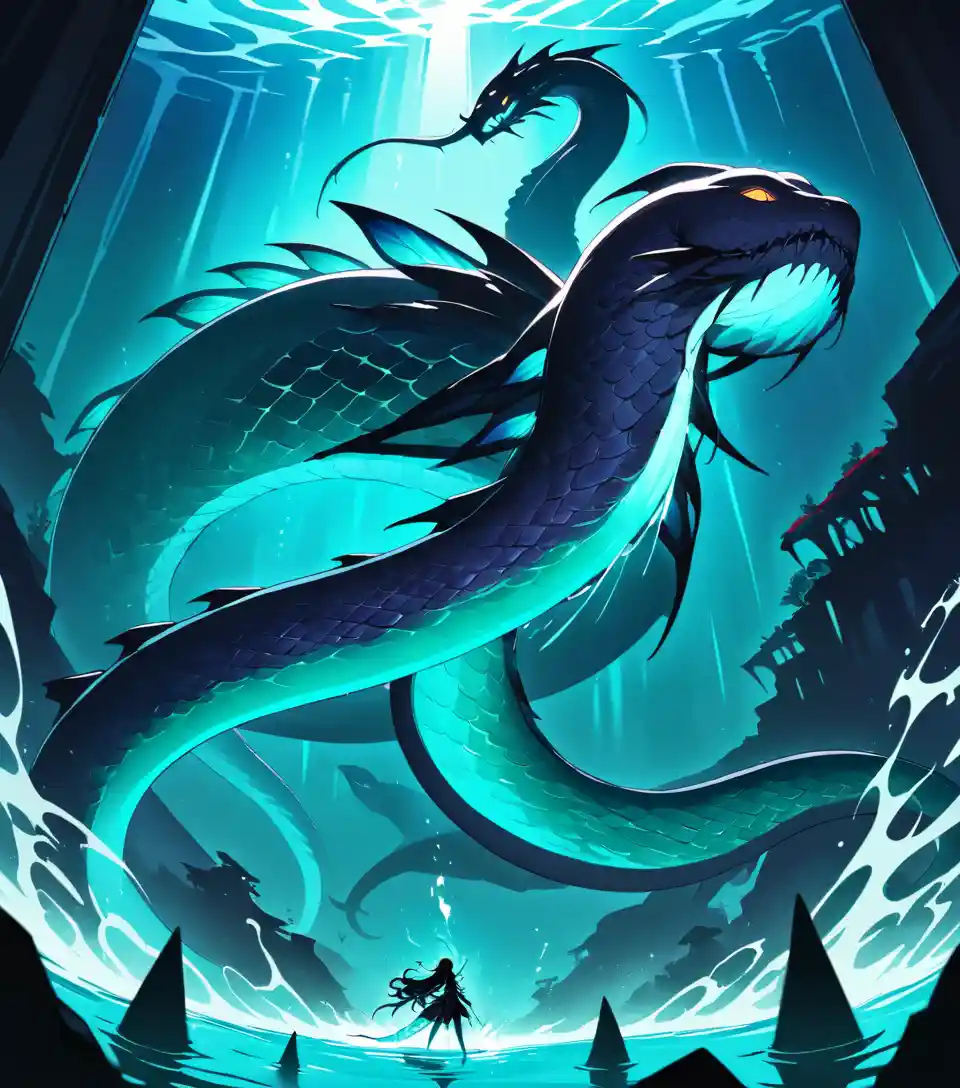 Anime summoner calling a colossal sea serpent