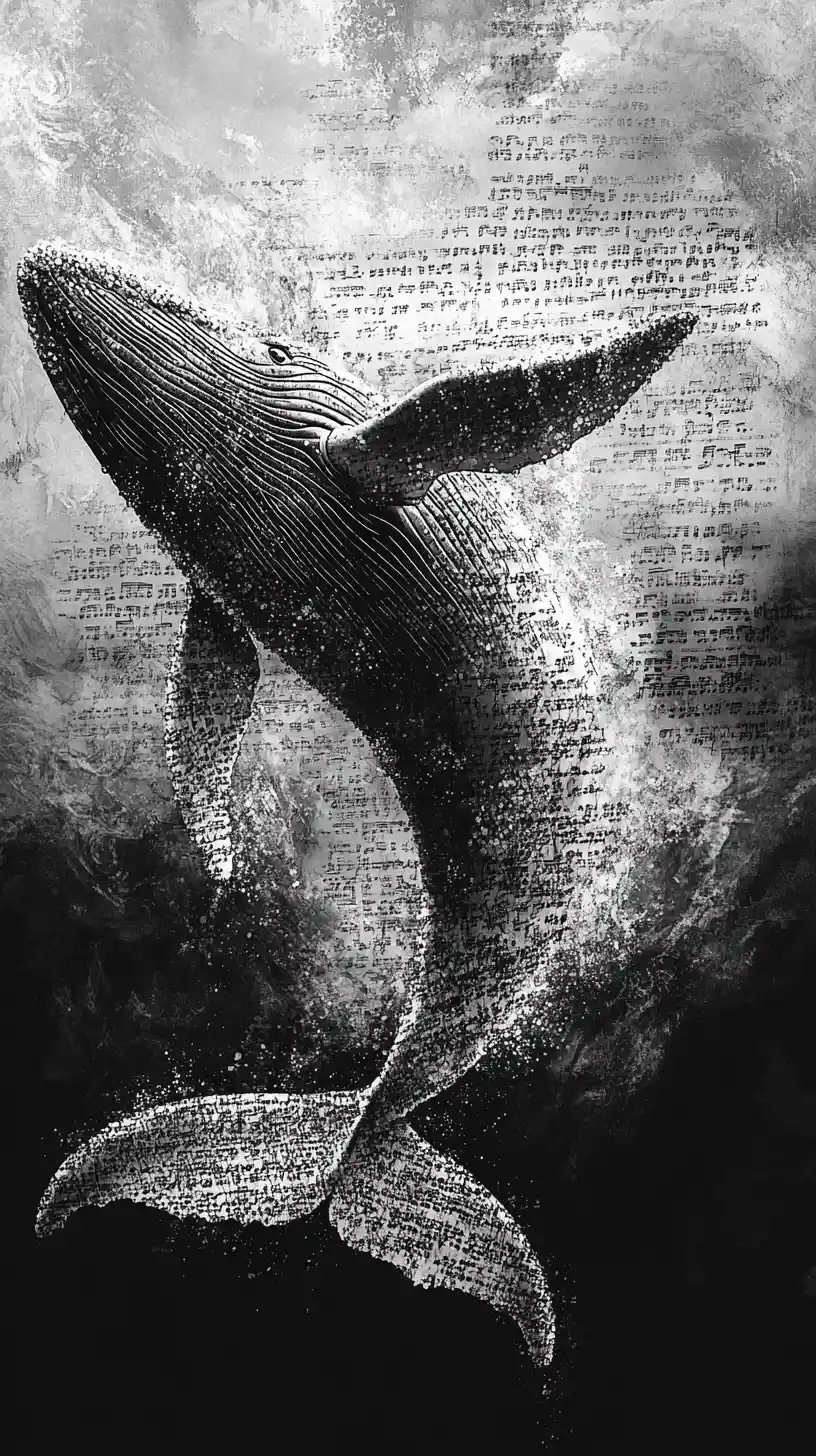 Whale Breaching From Stippled Ocean Of Symbolic Markings