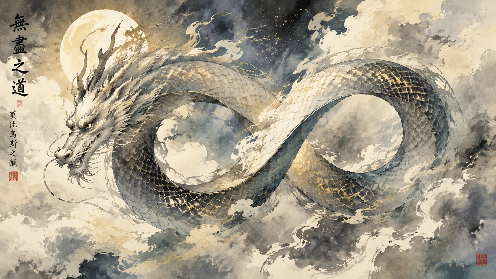 Celestial dragon spiraling through ethereal watercolor clouds