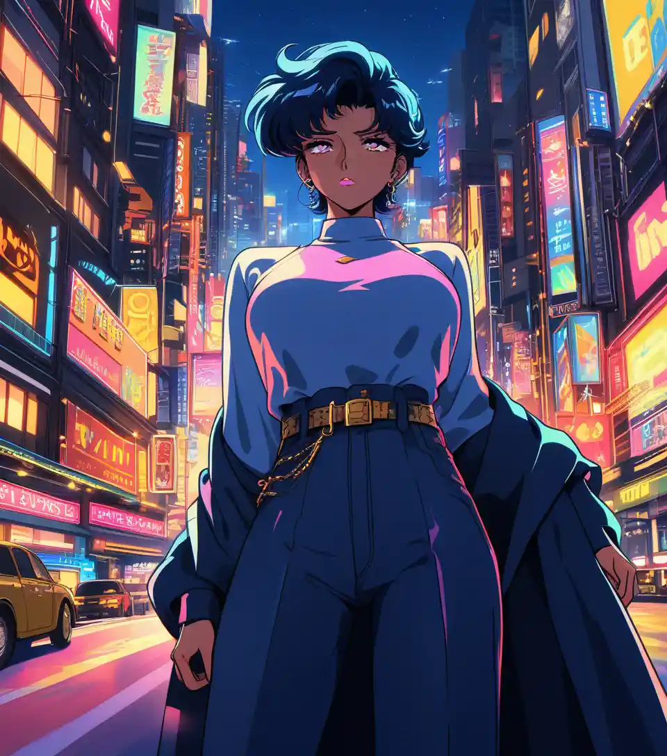 Anime woman at window over neon city at night