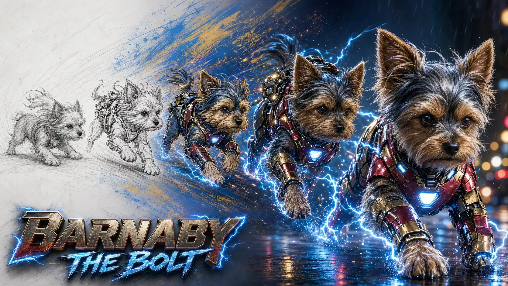 Heroic yorkshire terrier powering through thunderous charge