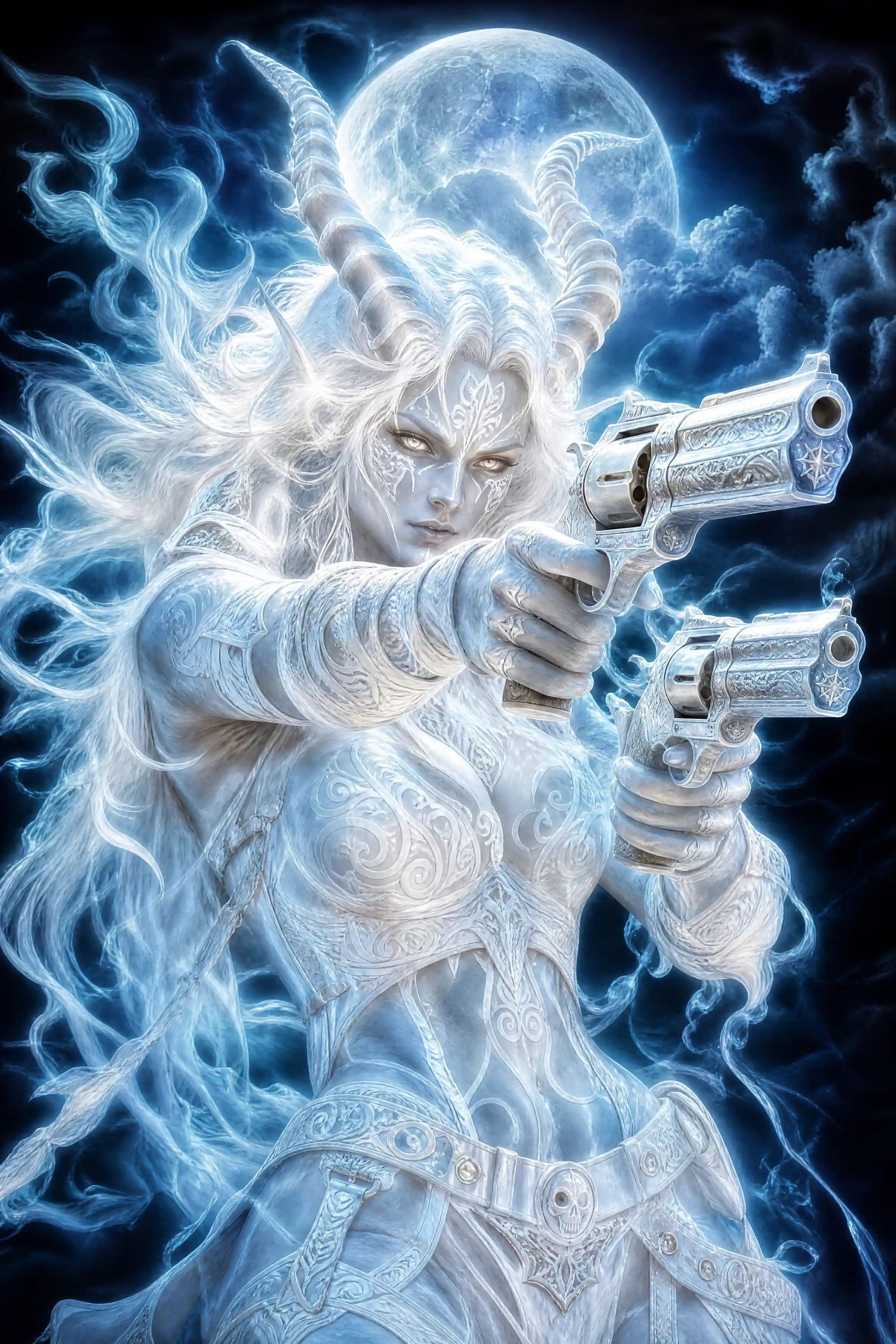 Fiery demoness warrior aiming ghostly revolvers under the moon