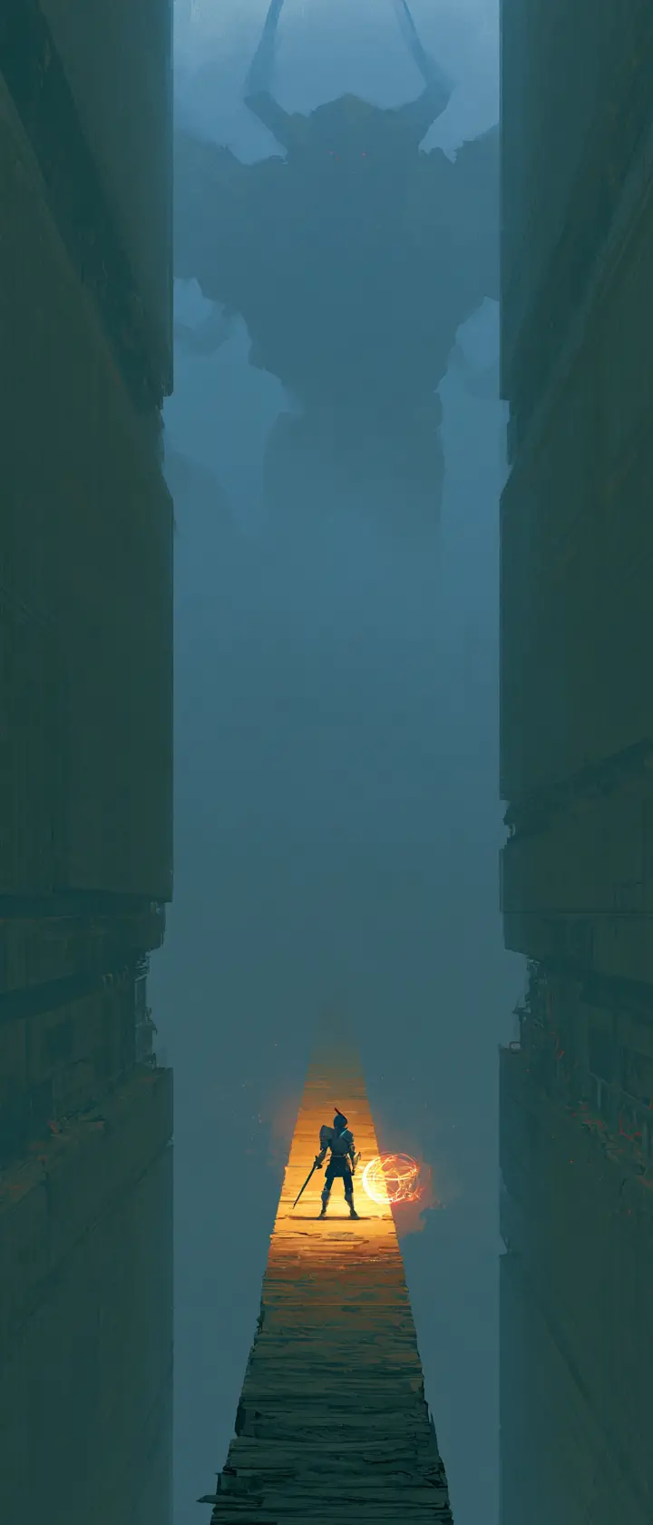 Pequeno cavaleiro de anime em ponte brilhante enfrentando golem gigante