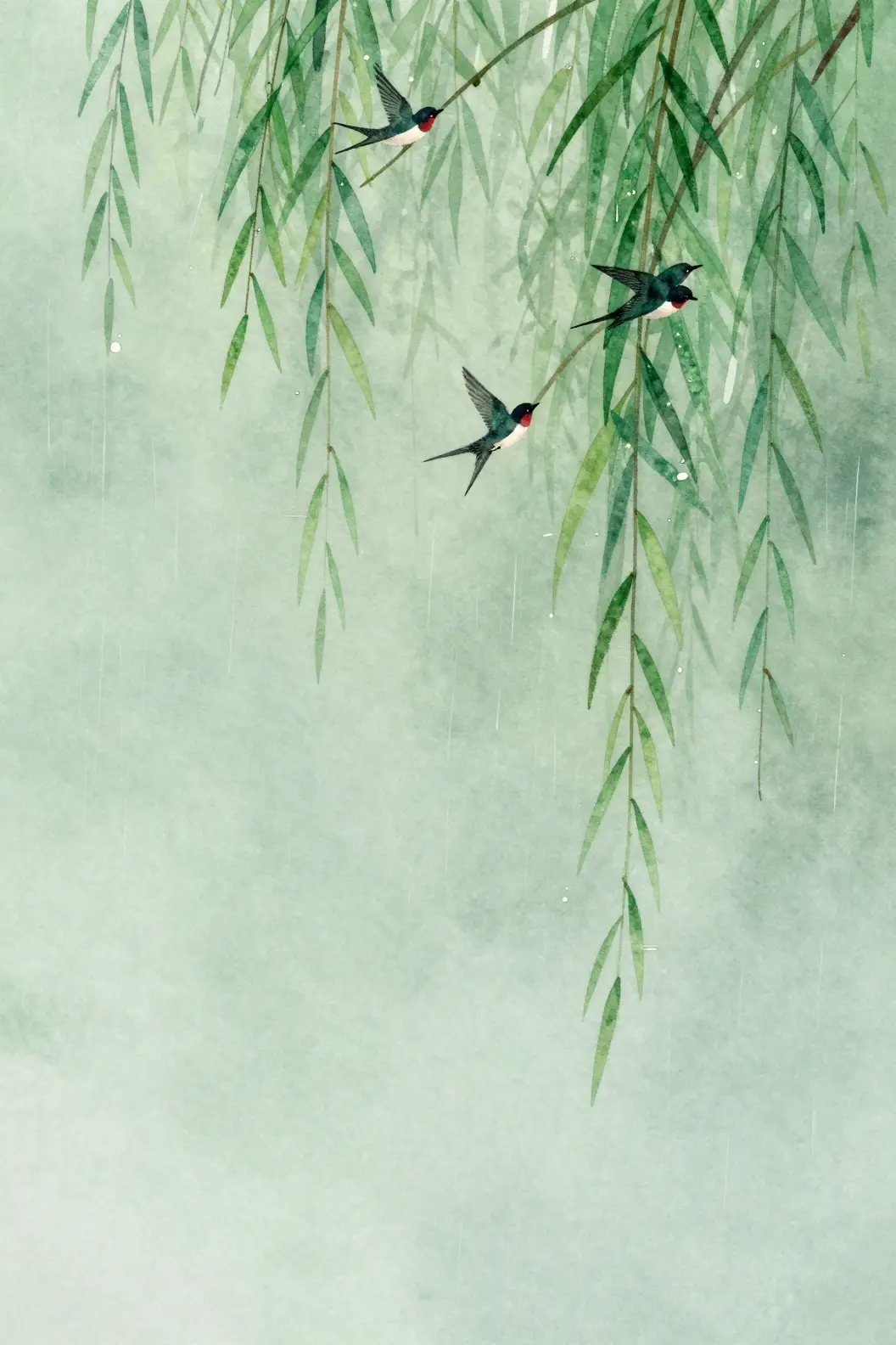 柔和水彩雨景中的柳枝與燕子