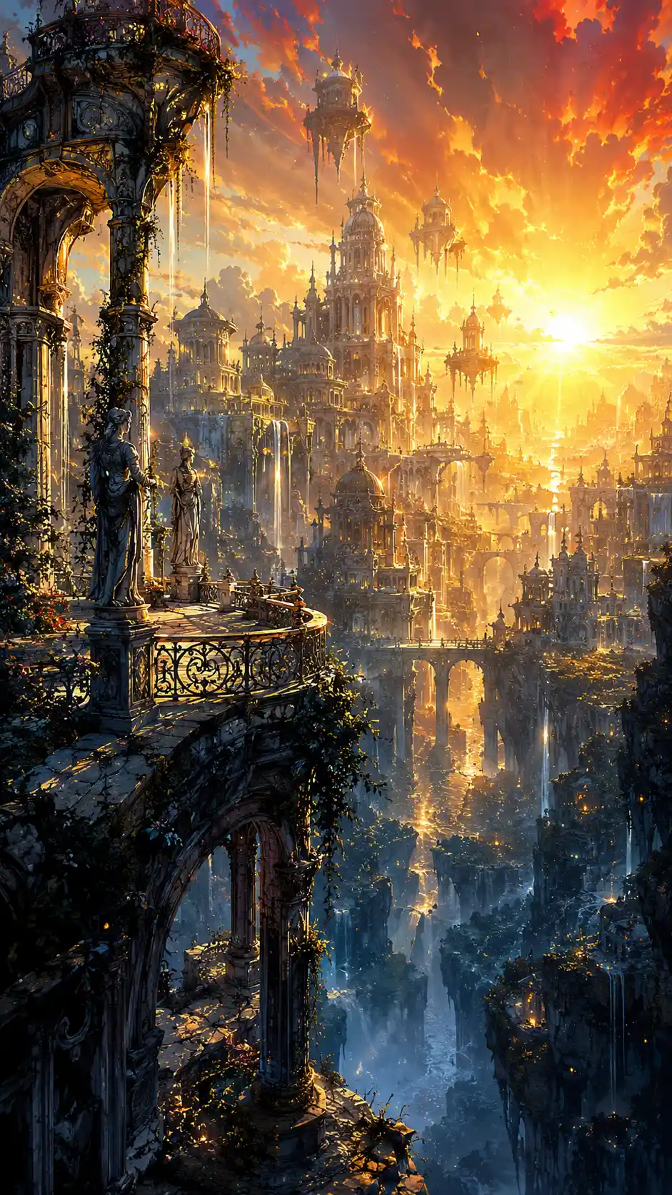 Vast Fantasy Metropolis At Glowing Celestial Horizon