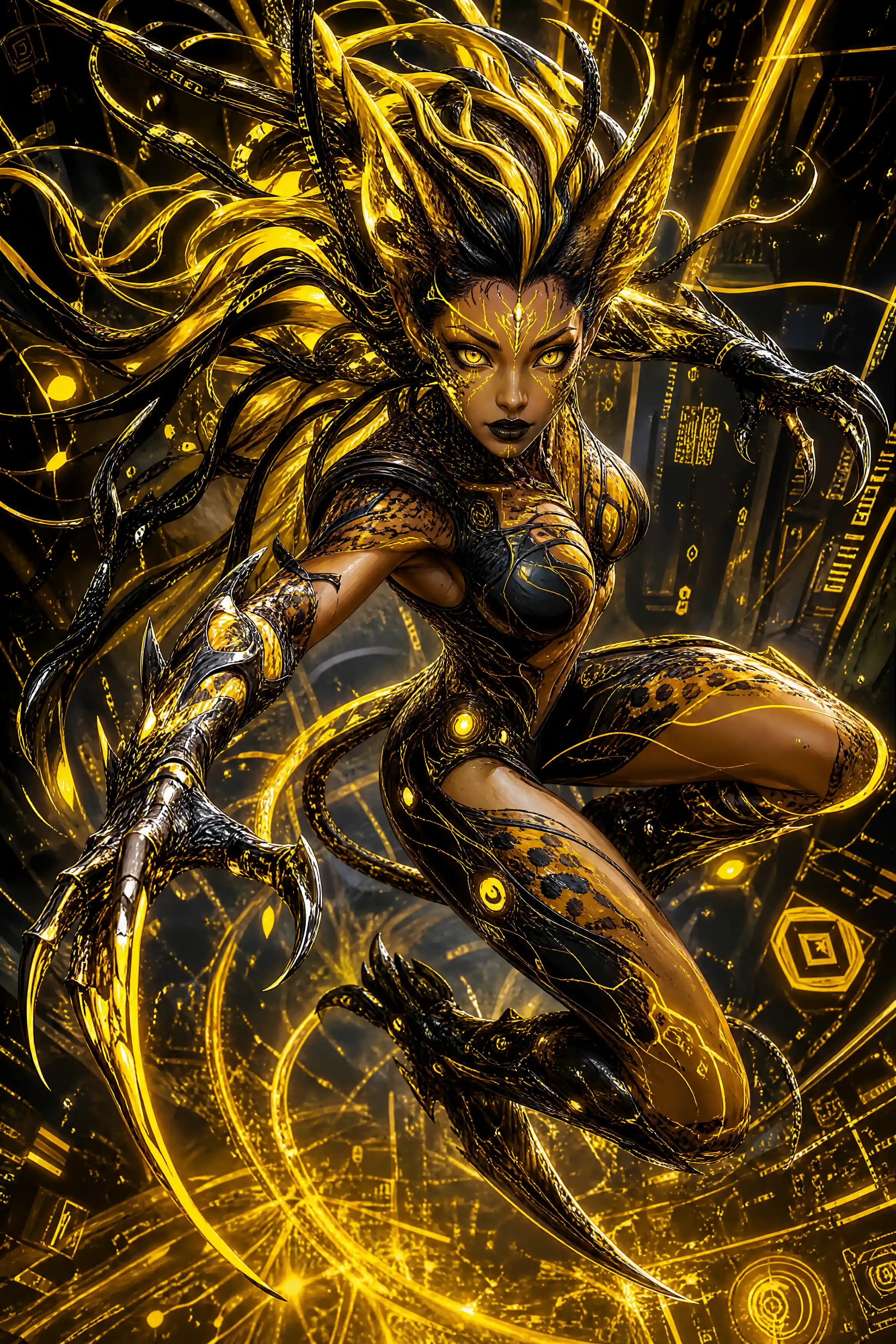 Techno organic feline warrior leaping through neon sci fi energy