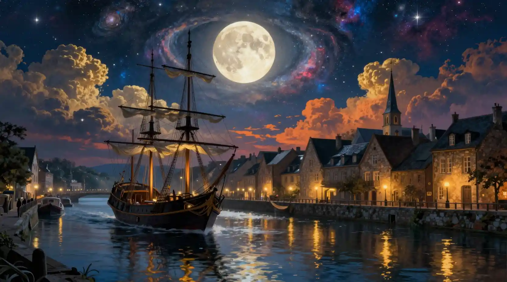 Porto notturno surreale in una storica cittadina europea sul fiume
