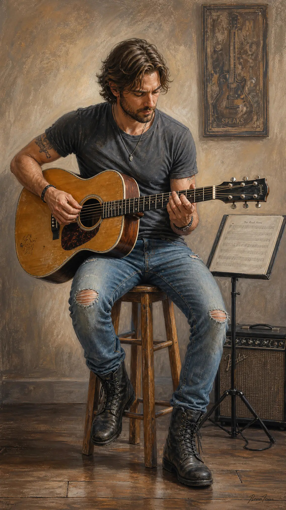 Man playing acoustic guitar seated on wooden stool