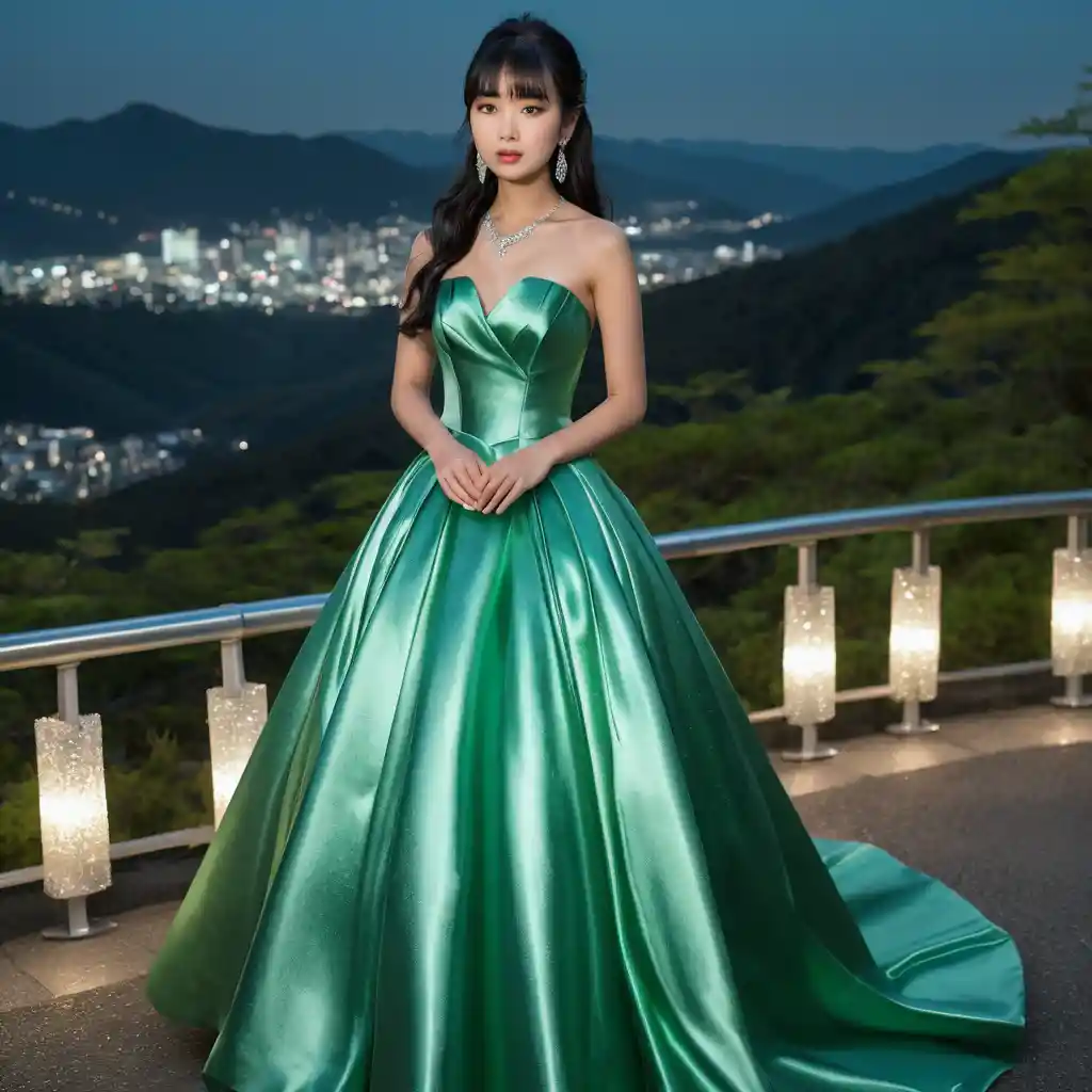 Elegant Japanese woman in green satin gown at night