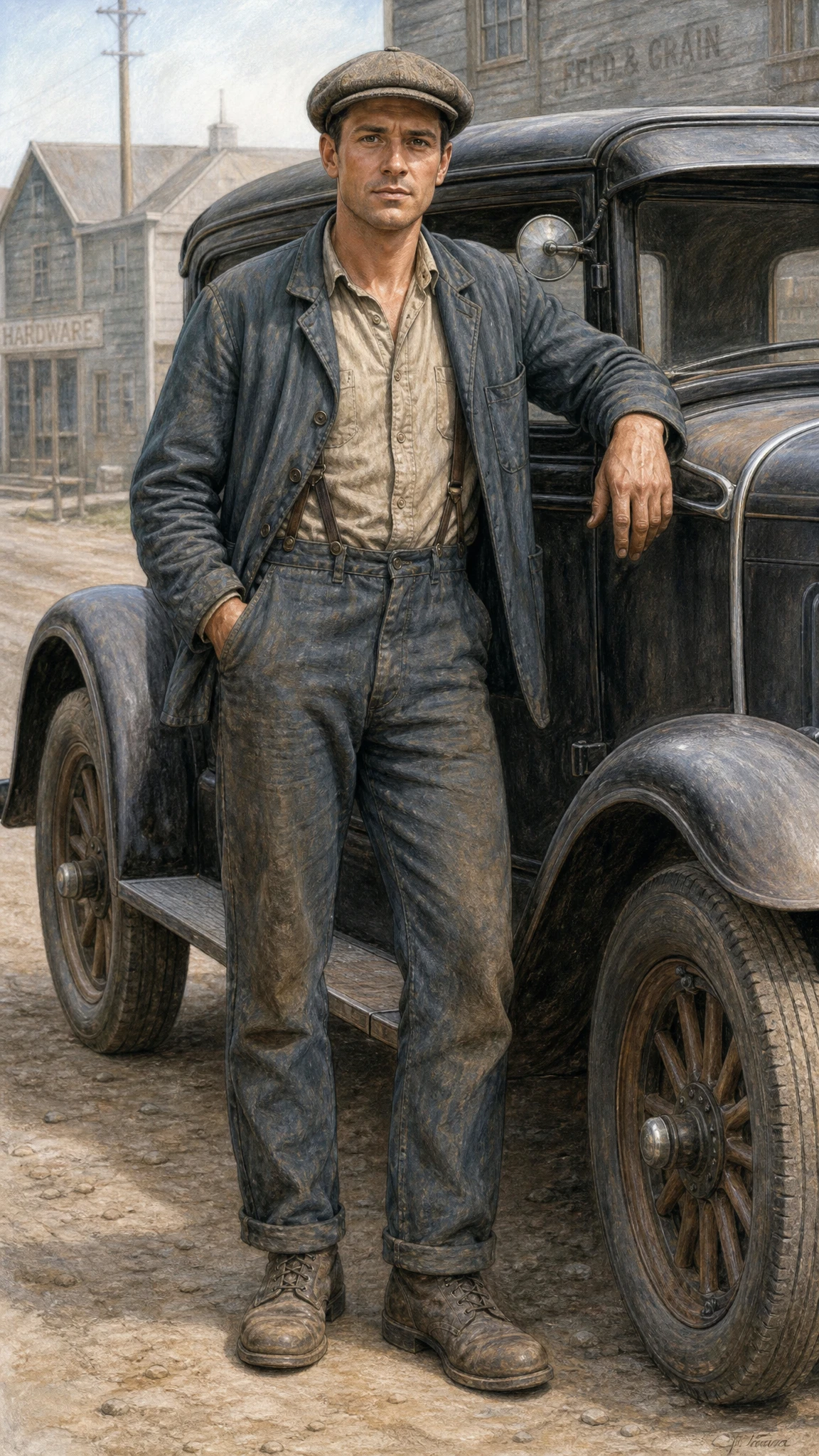 1930s working man standing beside vintage car in pastel art