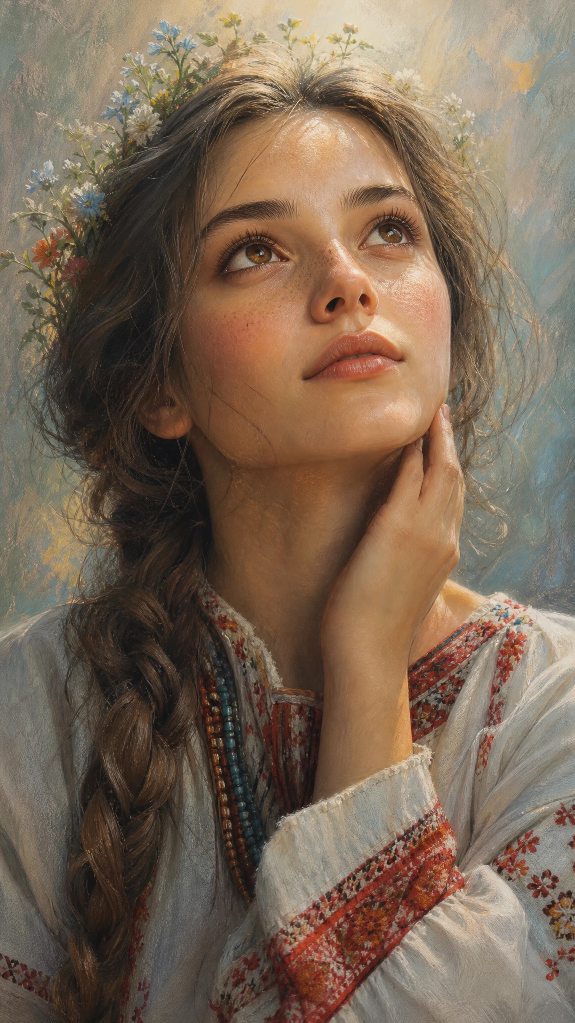 Retrato em pastel de mulher eslava tradicional com luz suave e brilhante