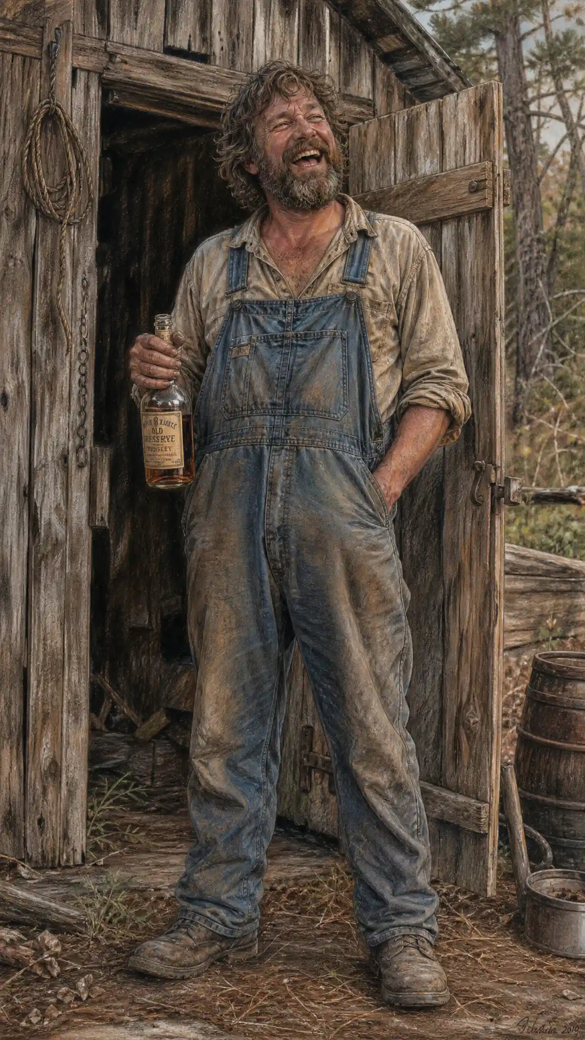 Laughing country man with whiskey by rustic wooden barn