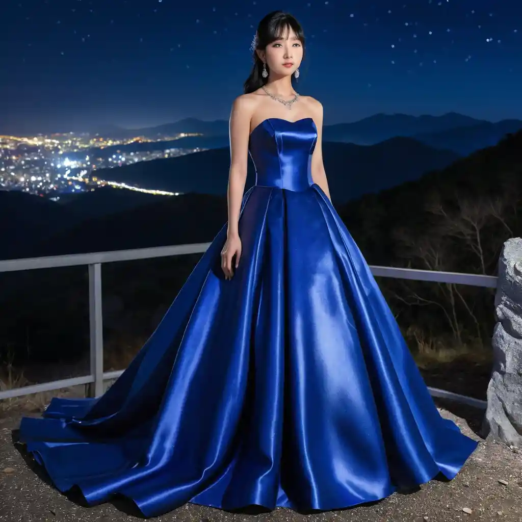 Elegant woman in royal blue satin gown at night