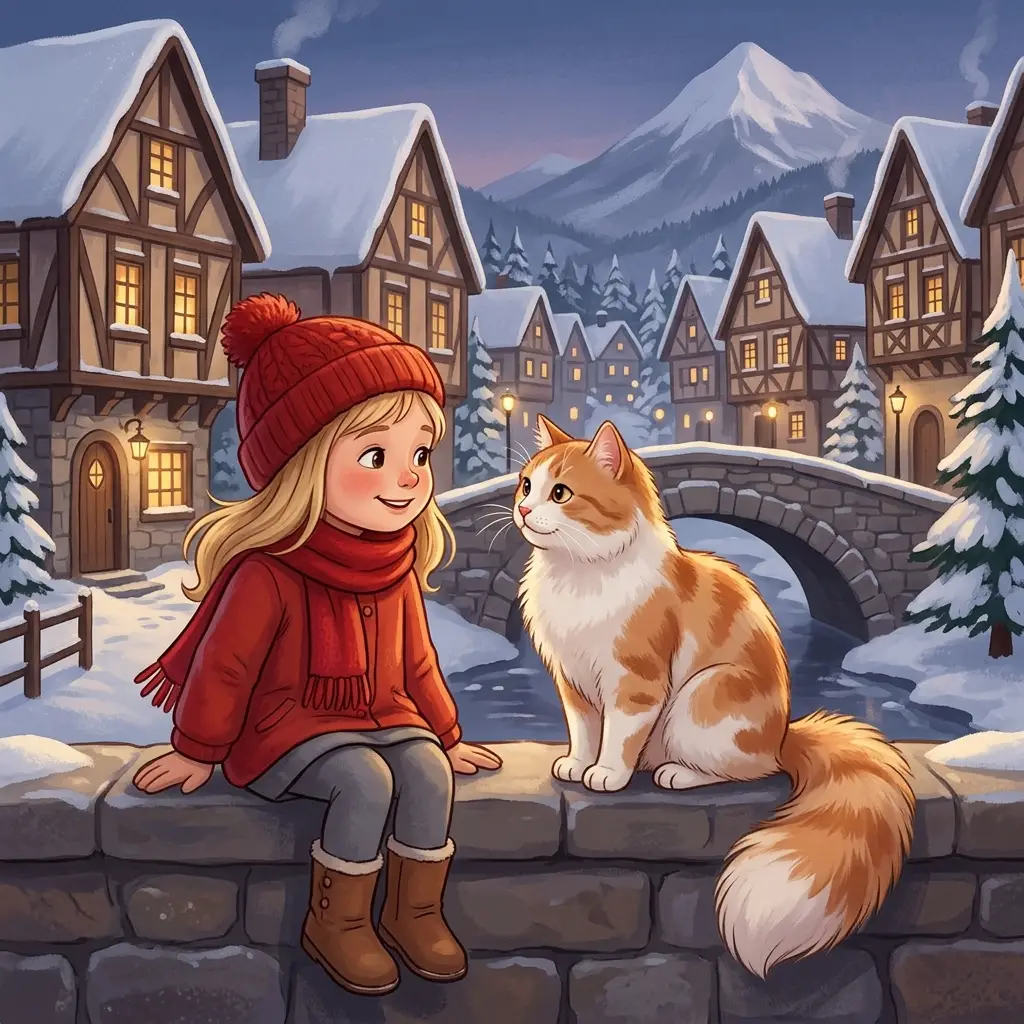 Child and cute cat in snowy christmas village illustration