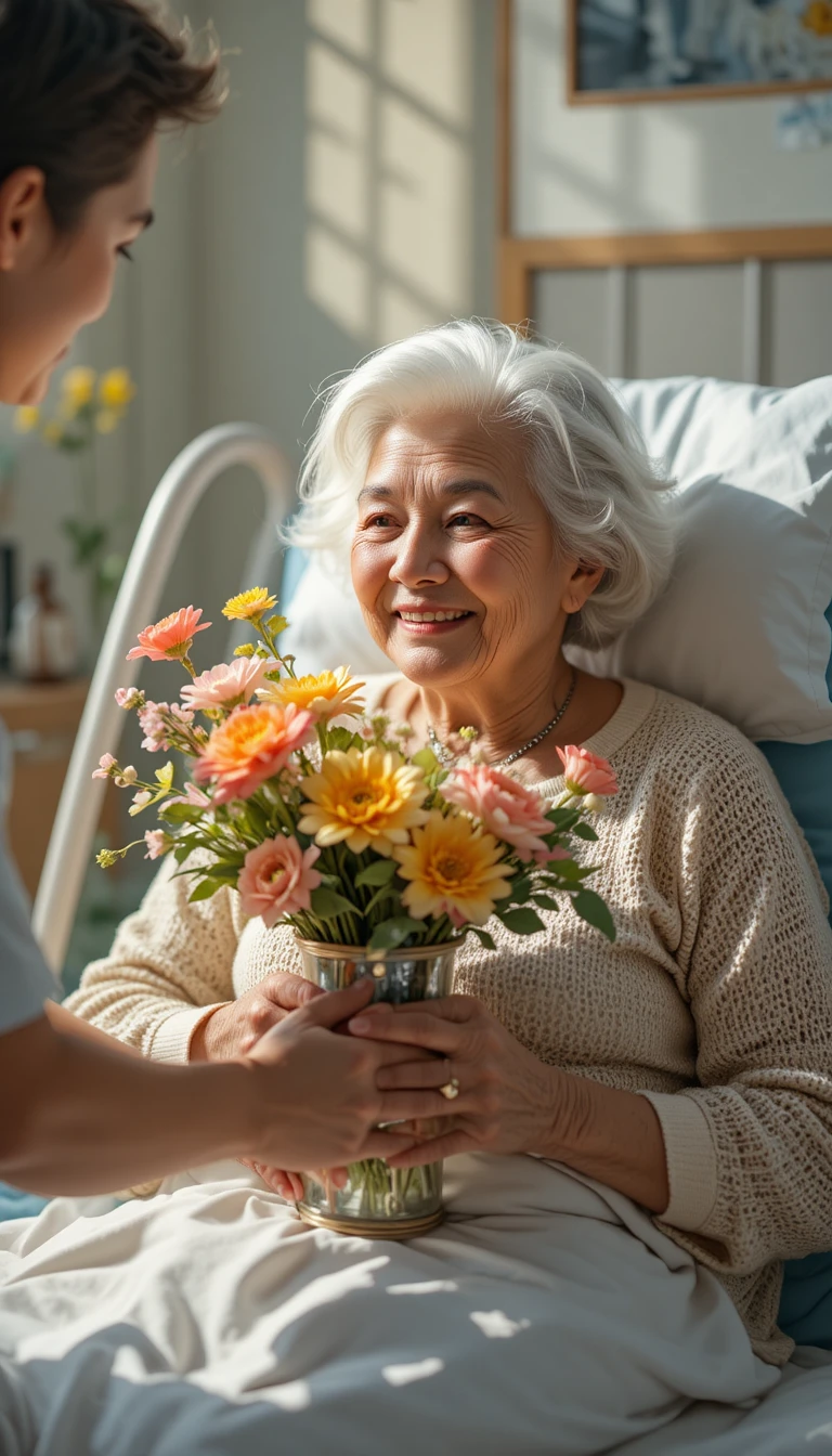 Mujer mayor sonriendo en cama de hospital con ramo de flores