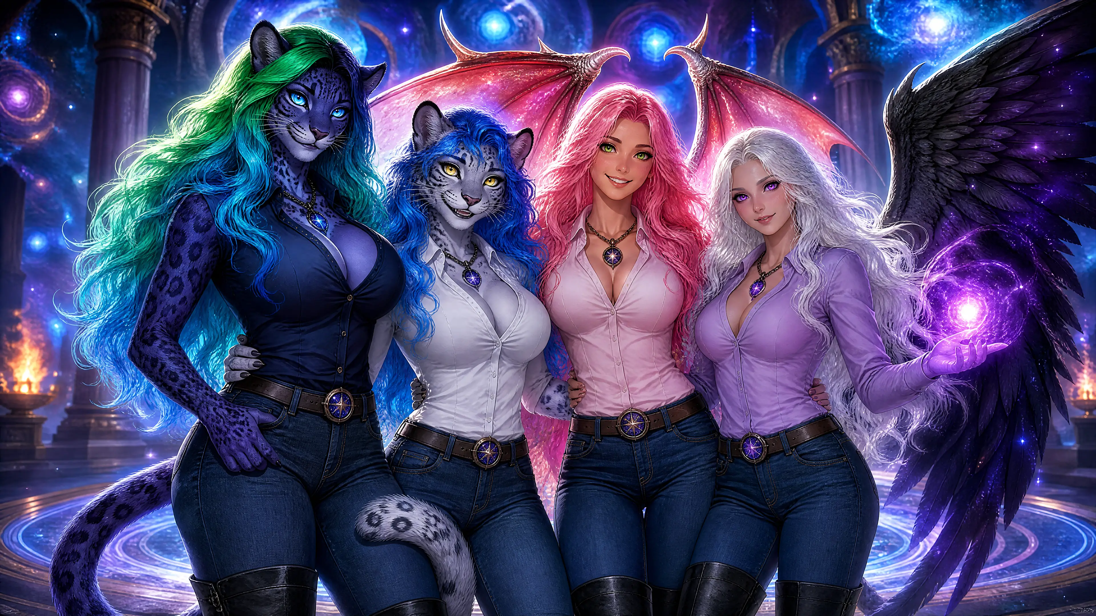 Cosmic fantasy women with wings and leopard features