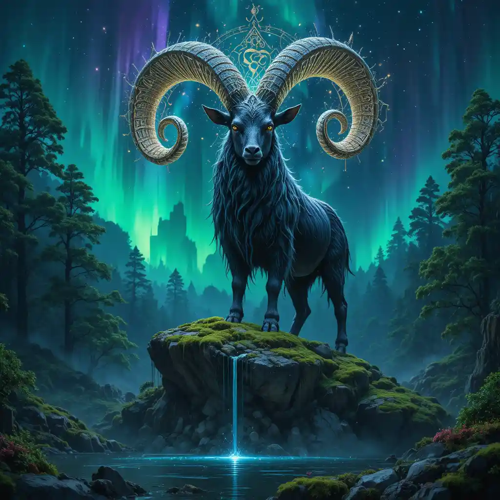 Majestic mystical goat on cosmic rock in enchanted forest
