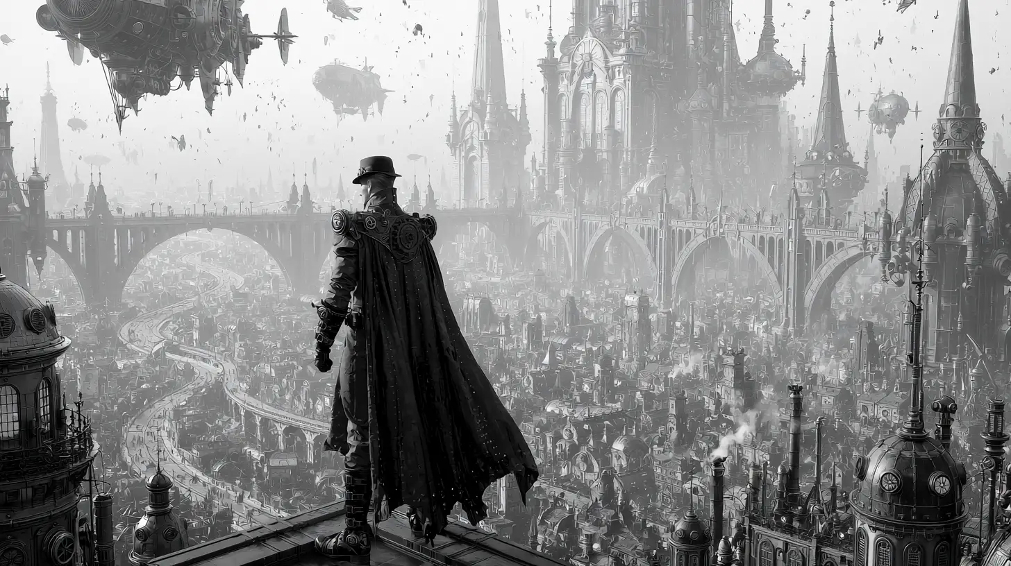 Steampunk superhero overlooking a sprawling retrofuturistic city