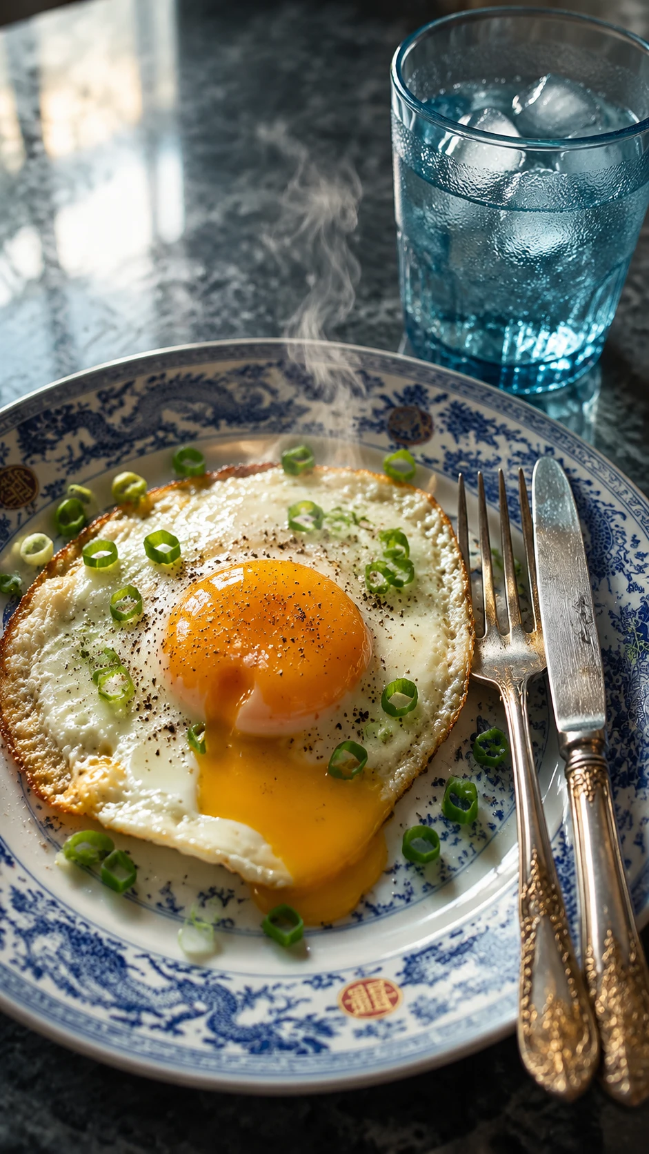 Runny Fried Egg On Chinese Plate With Blue Water