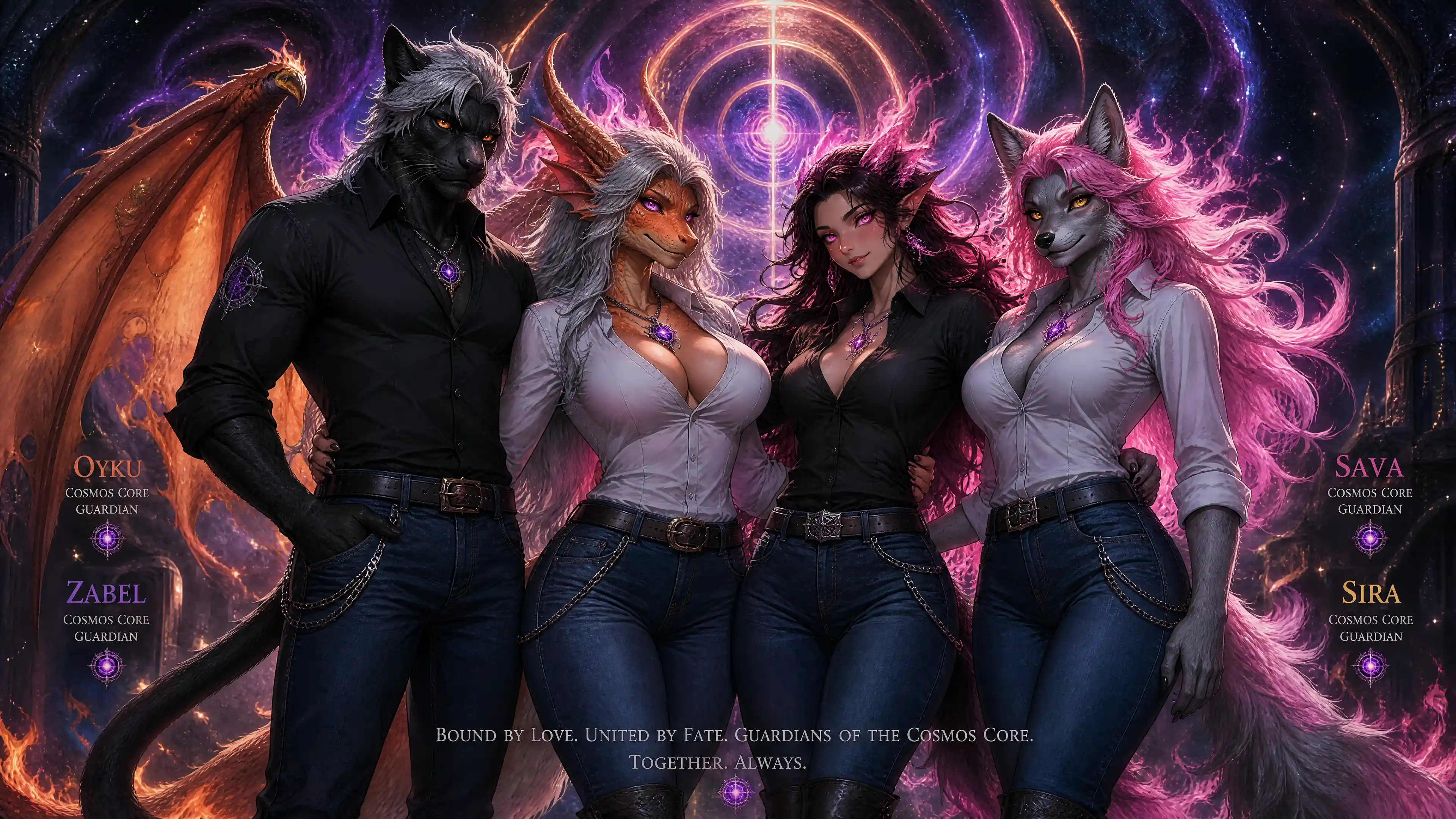 Anthro cosmic guardians standing together in casual outfits