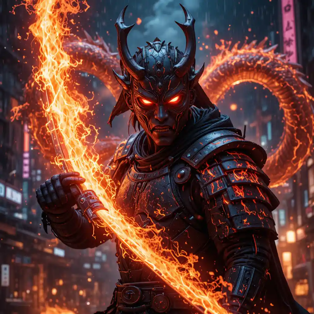 Cyberpunk samurai warrior in burning neon tokyo streets