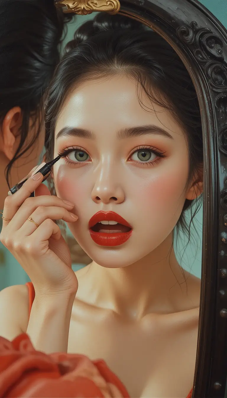 Japanese pinup woman applying mascara at her mirror