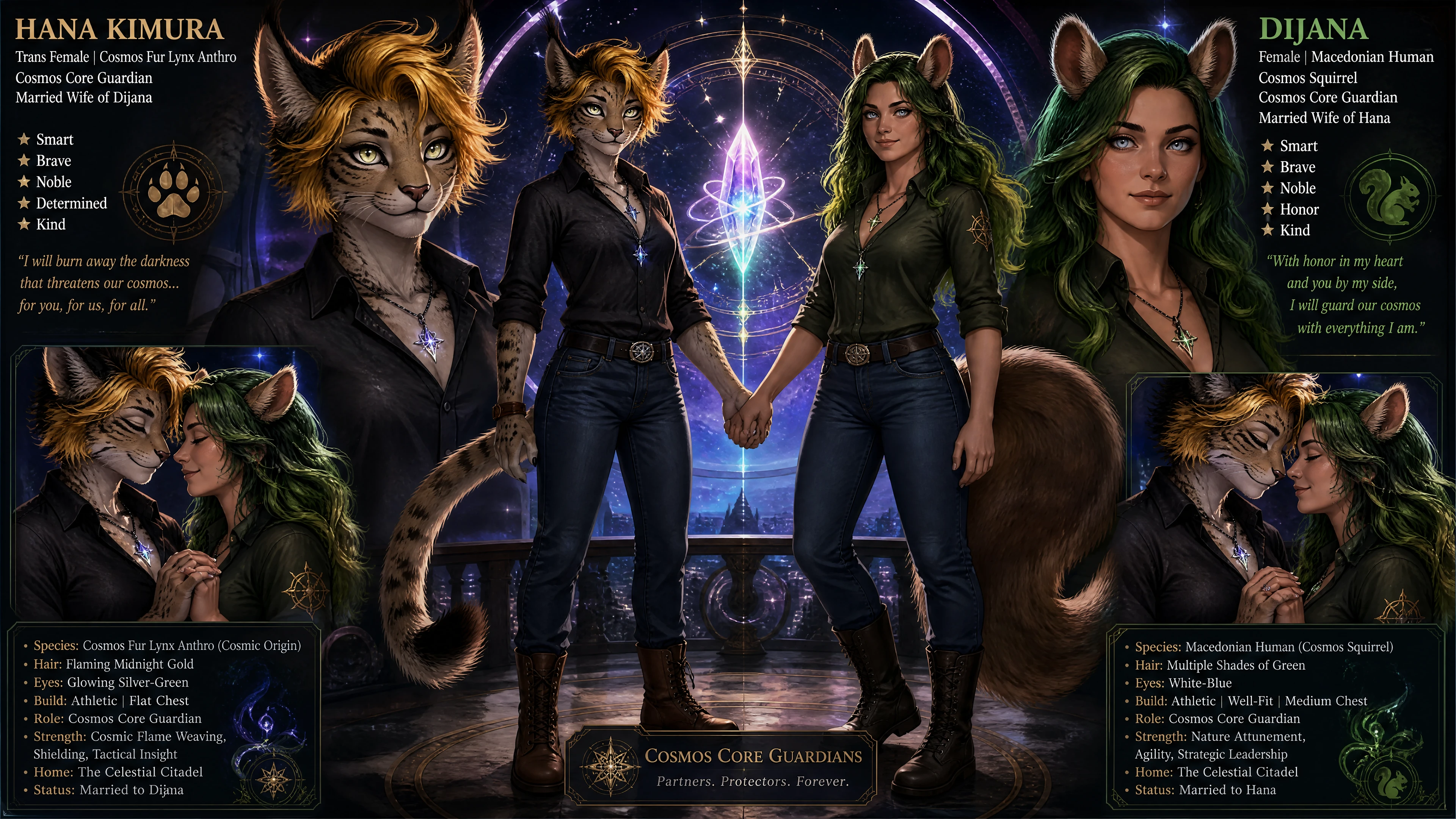 Cosmic guardian lynx woman with glowing silver green eyes