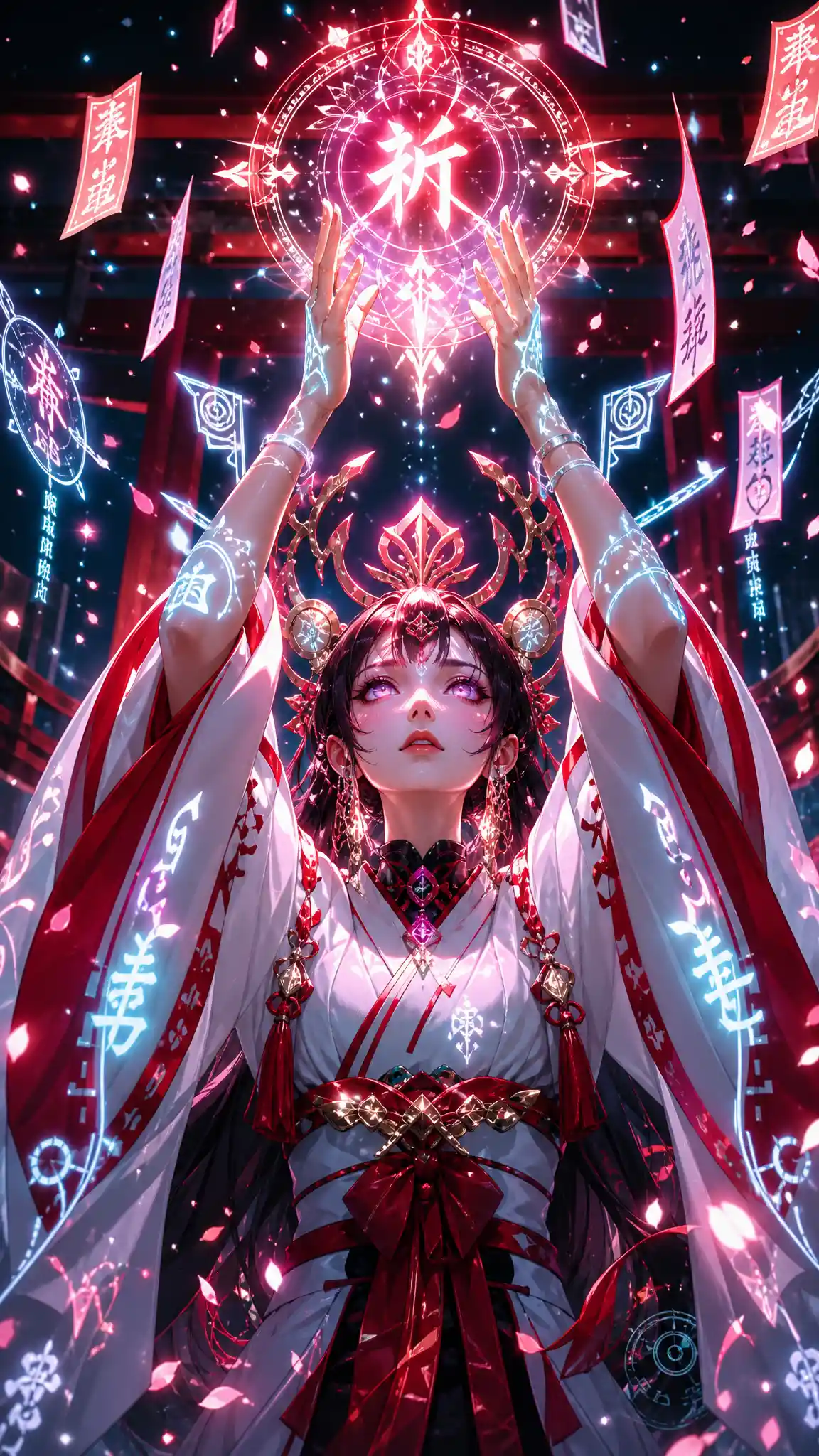 Shrine priestess casting glowing spell with neon glyphs