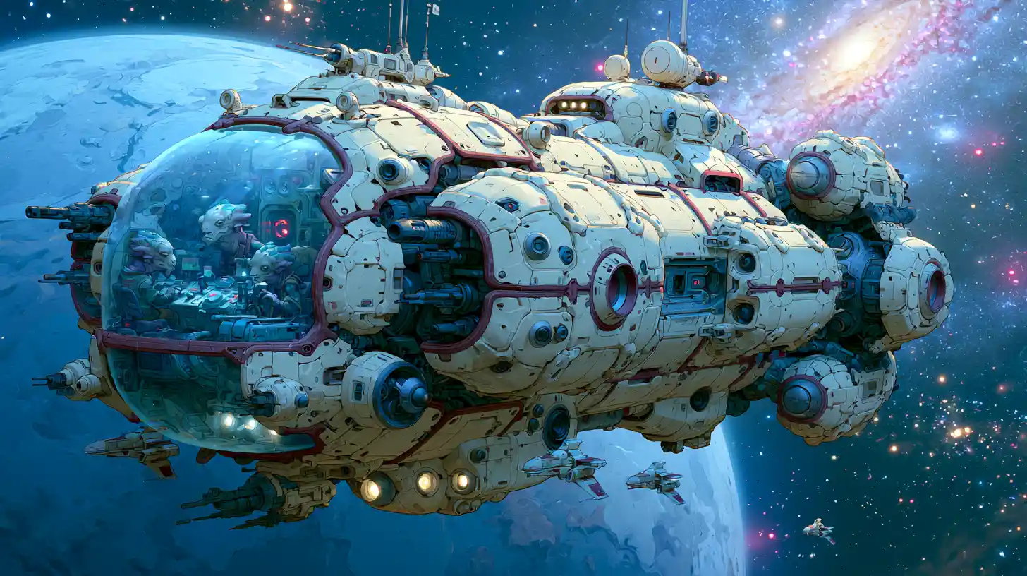 Alien cruiser sneaking past a blue planet in space