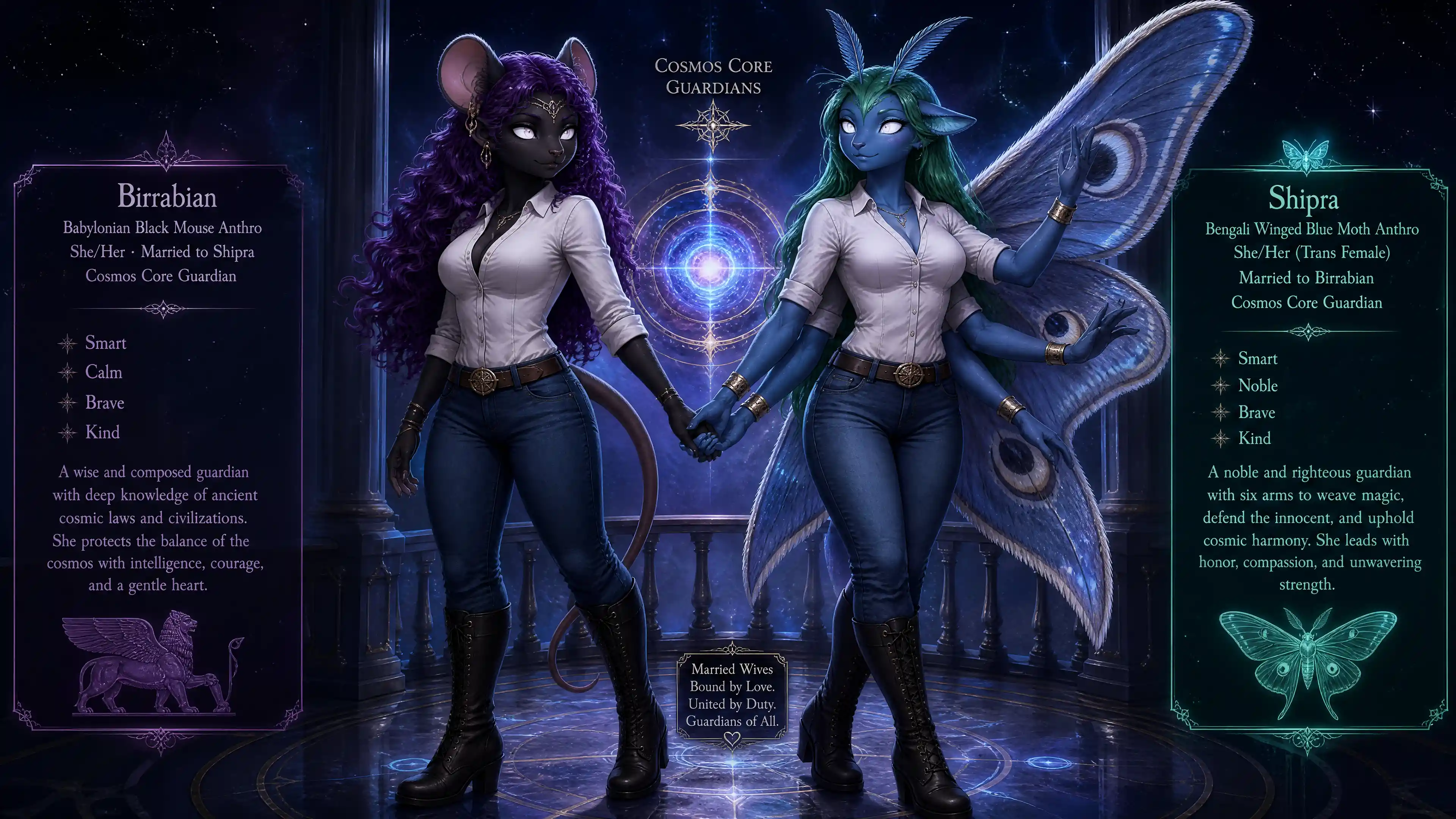 Fantasy anthro guardian woman with cosmic background
