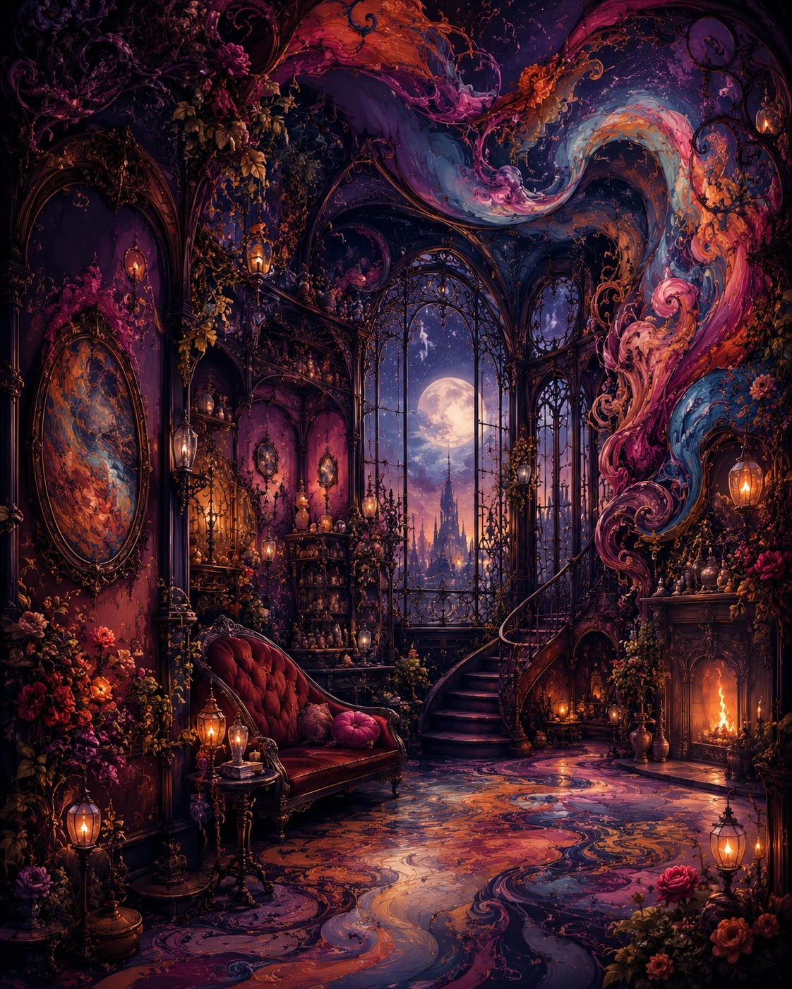 Architettura vivente e colorata che vortica tra sontuosi corridoi fantastici
