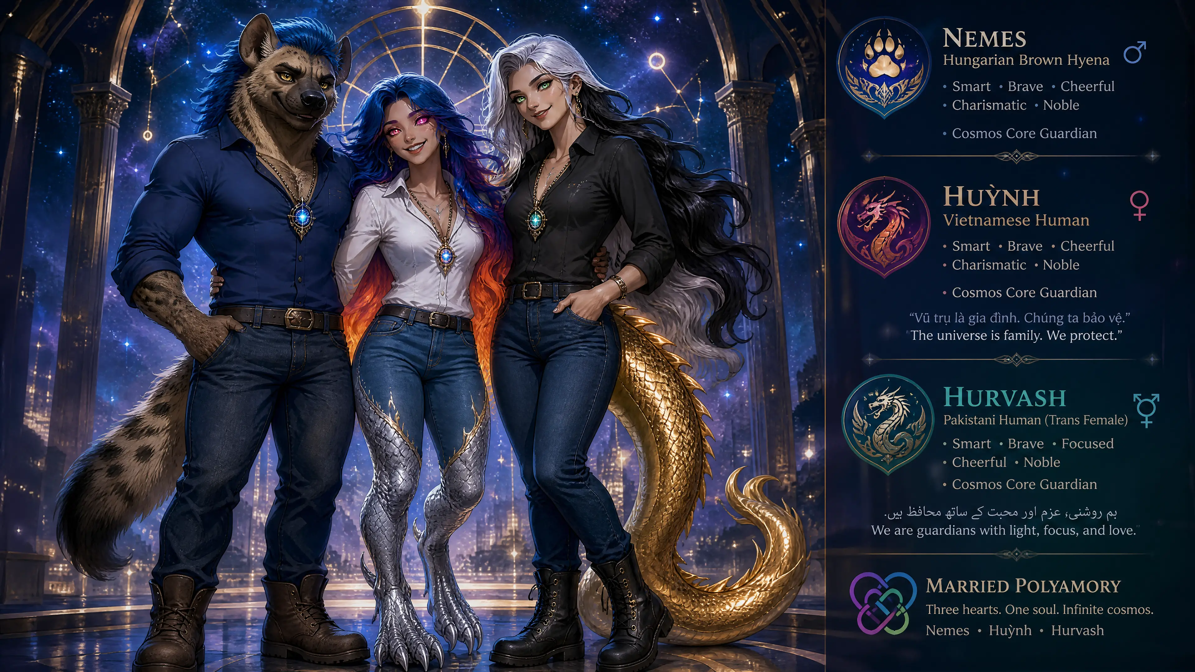 Fantasy trio of cosmic core guardians standing together