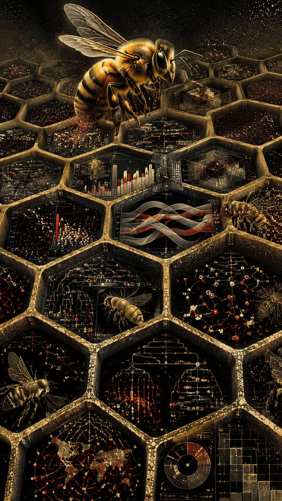 Honeybee Above Surreal Honeycomb Of Tiny Data Visualizations