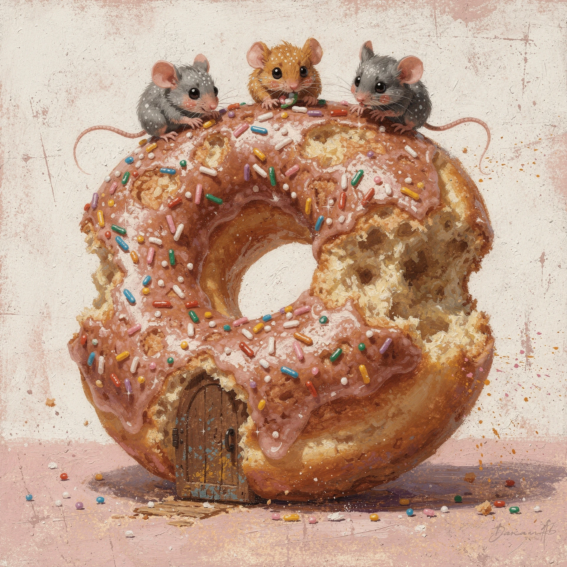 Gigantic donut house with cute mice and sprinkles