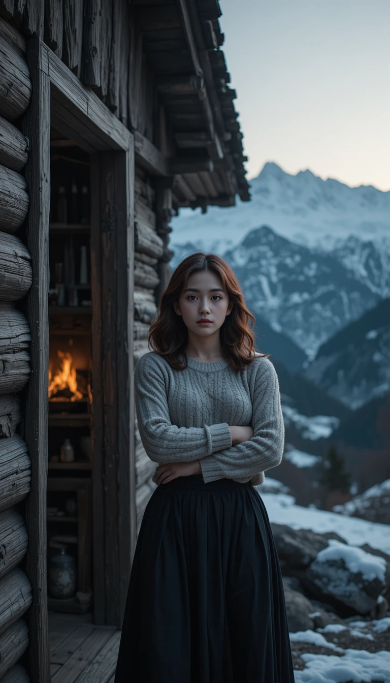 戸口に立ち、雪山を見つめる日本人女性
