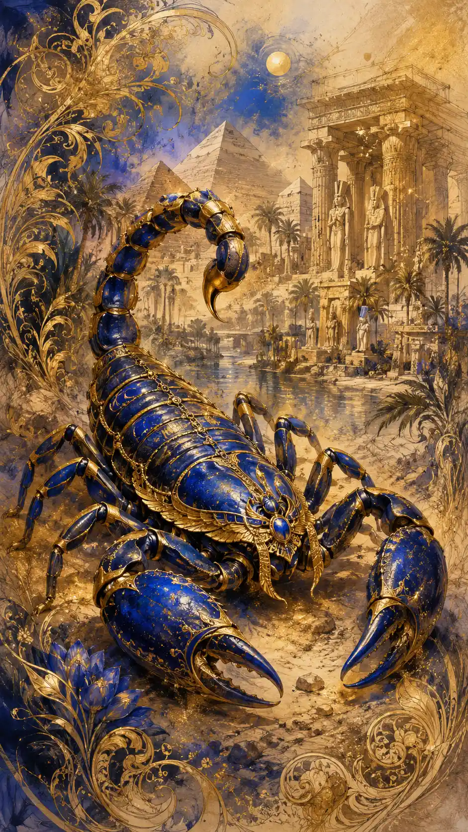 Egyptian scorpion with gold patterns and pyramids