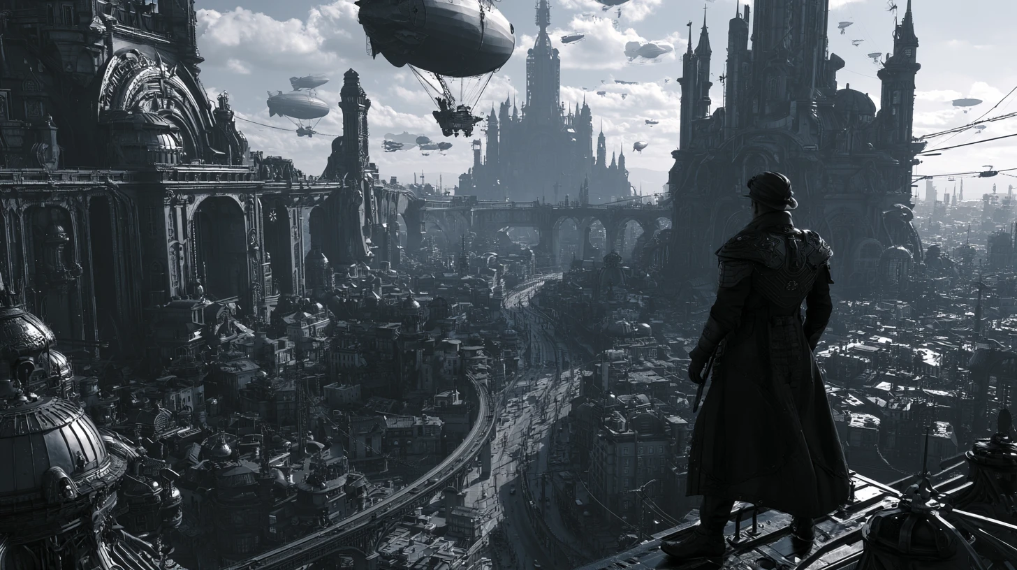 Super-herói steampunk observando uma vasta paisagem urbana noir