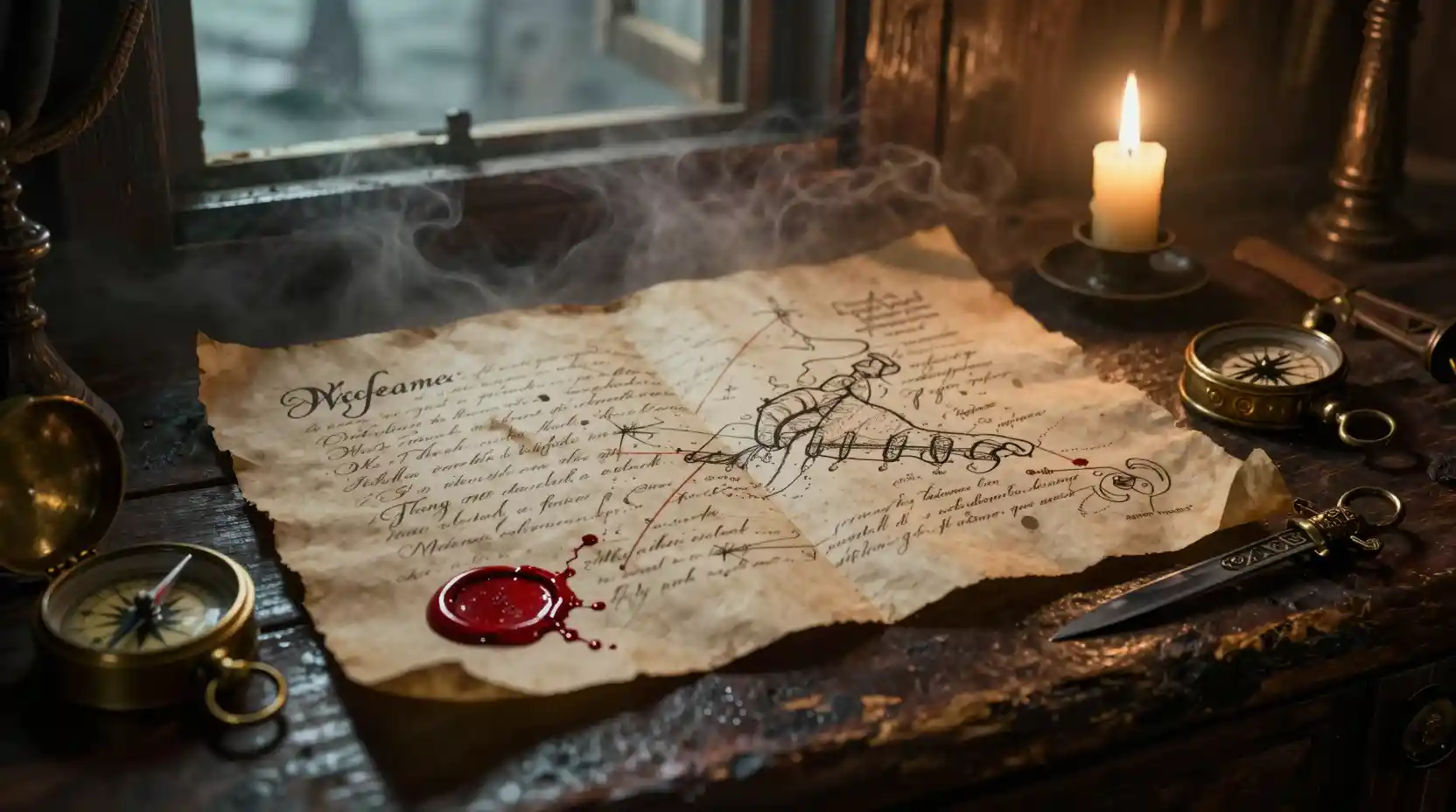 Secret treasure letter on a pirate captains cabin desk